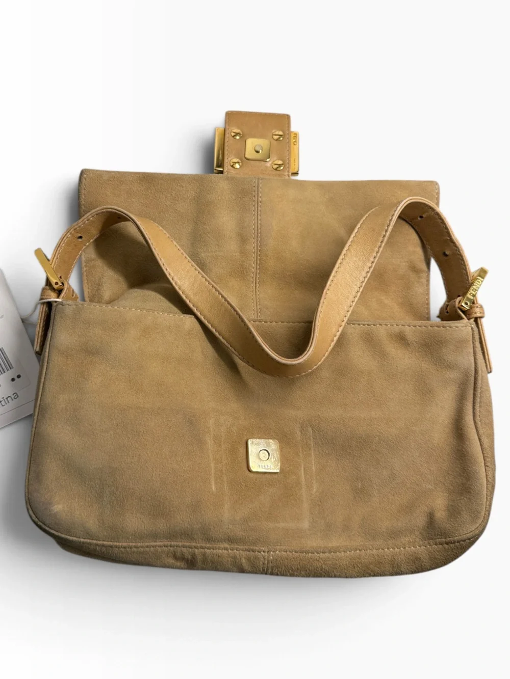 Fendi FF Logo Buttery Soft Camel Suede Baguette Bag Tan Gold
